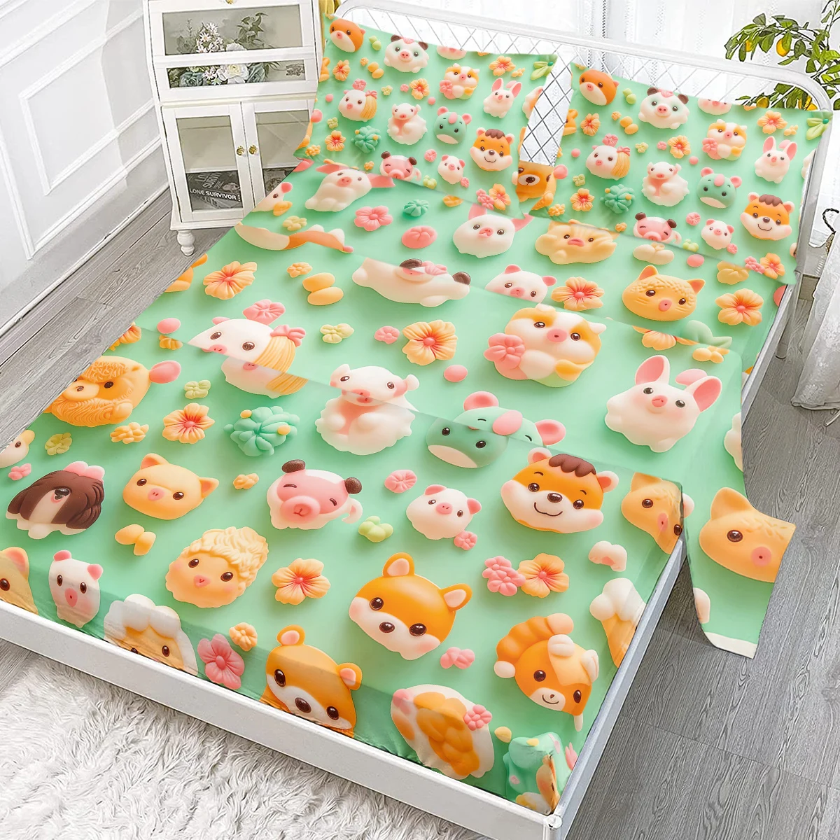 

Силиконовый комплект из четырех предметов с животными, виртуальный мультяшный мир животных, включая 1 простыну, 1 пододеяльник, 2 наволочки (семейный)