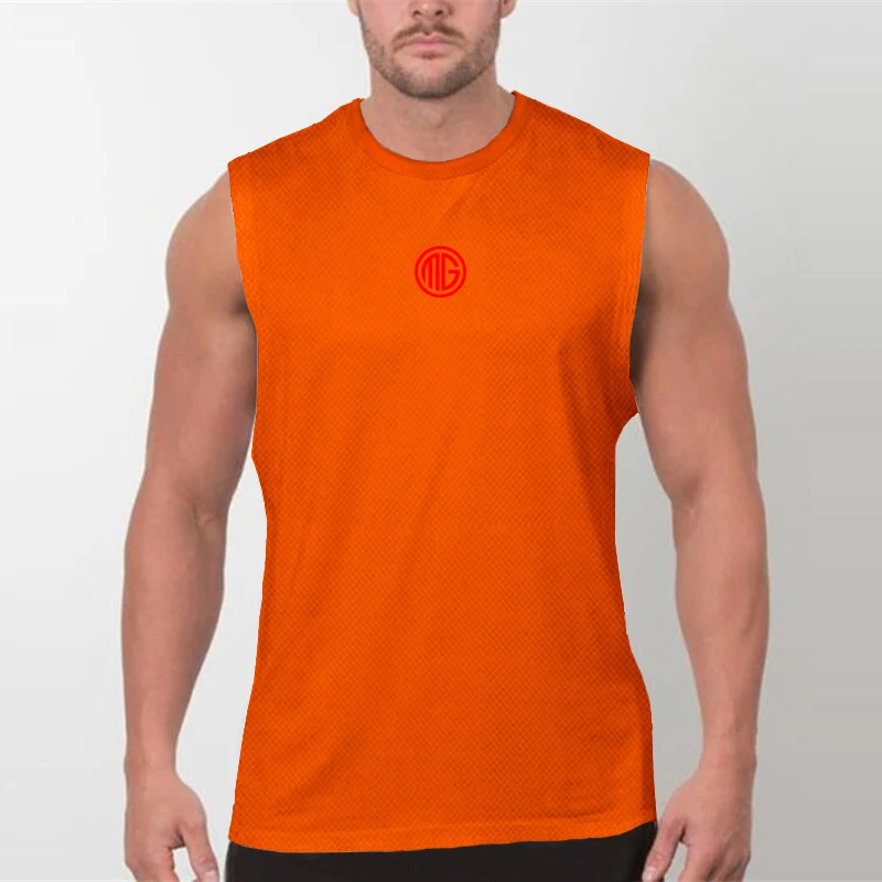 

New Fashion Gym Fitness Mens Casual Sleeveless Workout Muscle Tank Tops Summer Mesh Breathable Quick Dry Cool Feeling T-Shirt