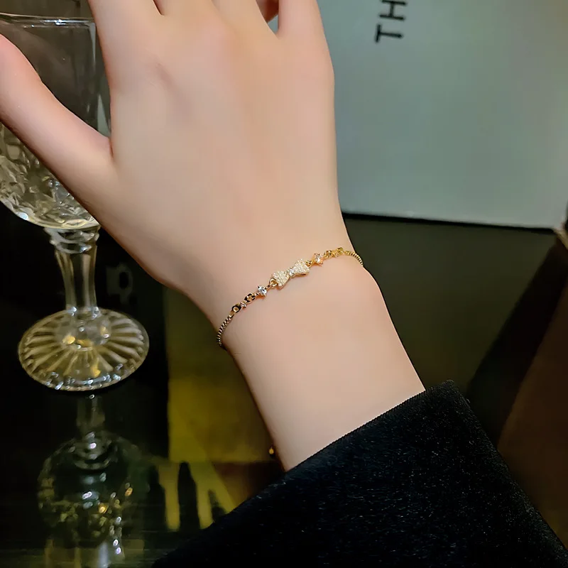 Golden Alloy Sweet Bow Bracelet For Women 2023 New Design Pearl Zircon Inlay High-Quality Adjustable Jewelry Birthday Gift