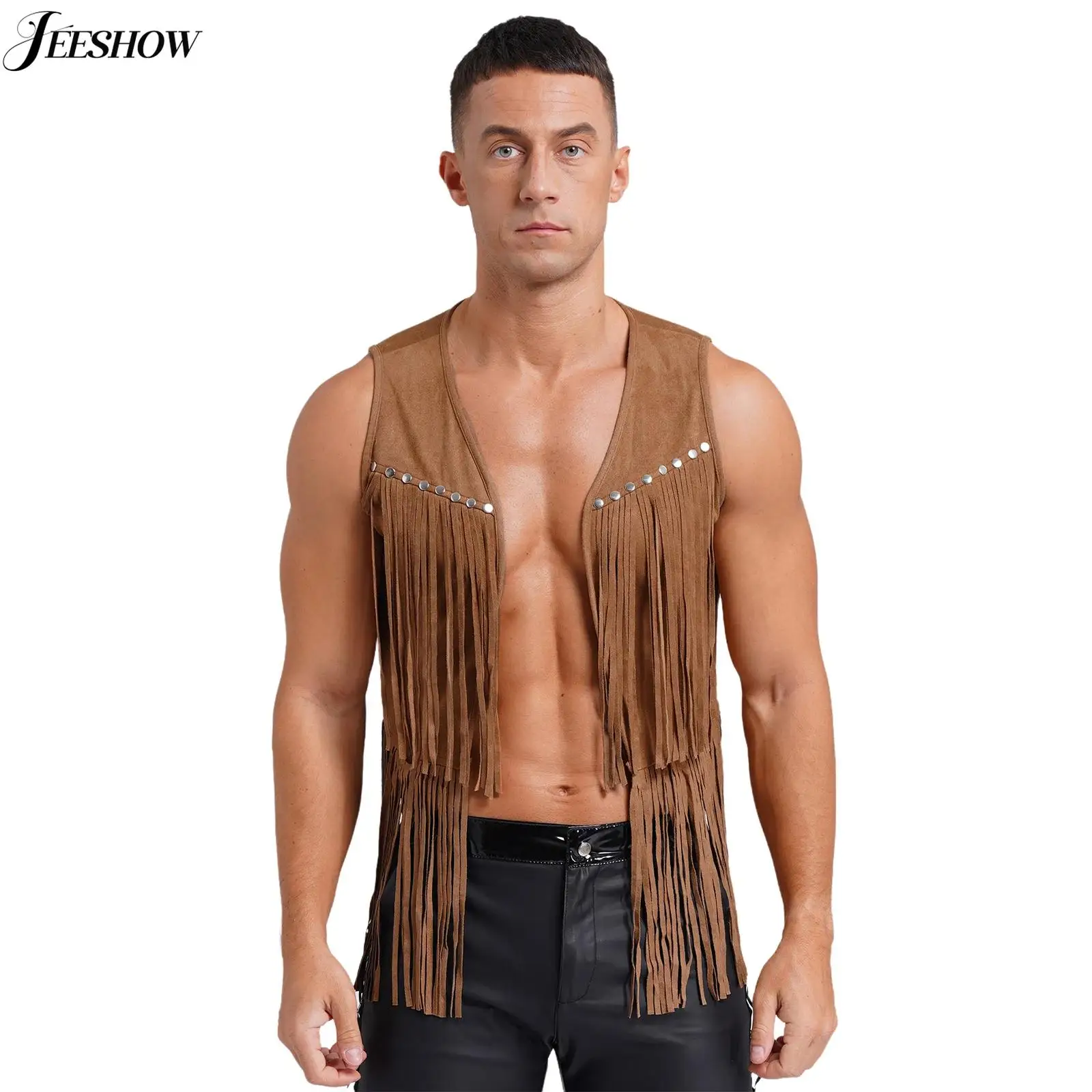 Mens Faux Suede Tassel Open Front Vest Western Cowboy Rivets Fringe Sleeveless Jackets Gothic Steampunk Waistcoat Hippie Costume