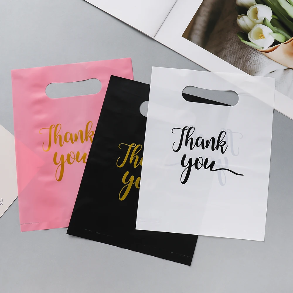 Bolsas de compras de PE con estampado de "gracias", bolsas de plástico plegables para regalos, accesorios de joyería, embalaje, bolso de compras, 50/100 Uds.