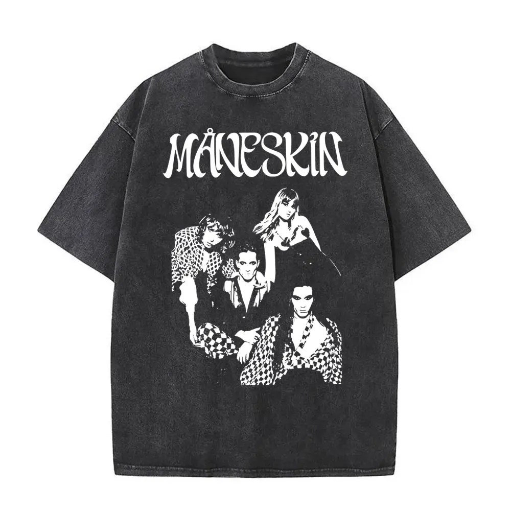 

Hot Sale Washed Vintage Maneskin Graphic Tshirt Male Wash Retro Rock Band T Shirts Men Women Fashion Casual Oversized Streetwear