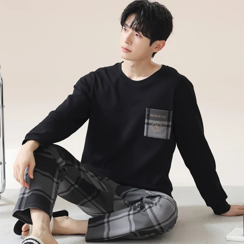 

High Quality Cotton Fabric Black Top and Plaid Pants Fashion Casual Men's Pajamas Loungewear Plus Size Youth Sleepwear Homewear