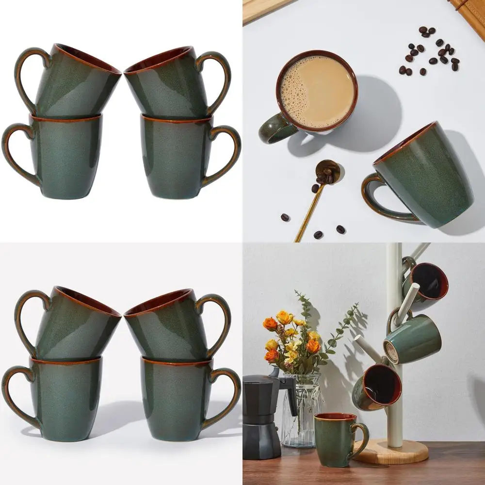 Set of 4 Ceramic 14 oz Mugs, Reactive Glaze, Stackable, Safe for Dishwasher and Microwave, Suitable for Latte, Tea, Cappuccino,
