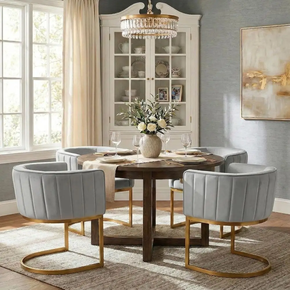 

Set of 4 Modern Velvet Upholstered Barrel Chairs - Grey, Suitable for Kitchen, Living Room, Dining Room, Restaurant, Lounge