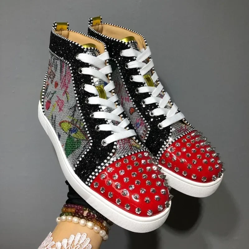 

High Top Color Graffiti Real Leather Toe Metal Studs Red Bottom Shoes For Men Wedding Casual Flats Loafers Sneaker Women Spikes