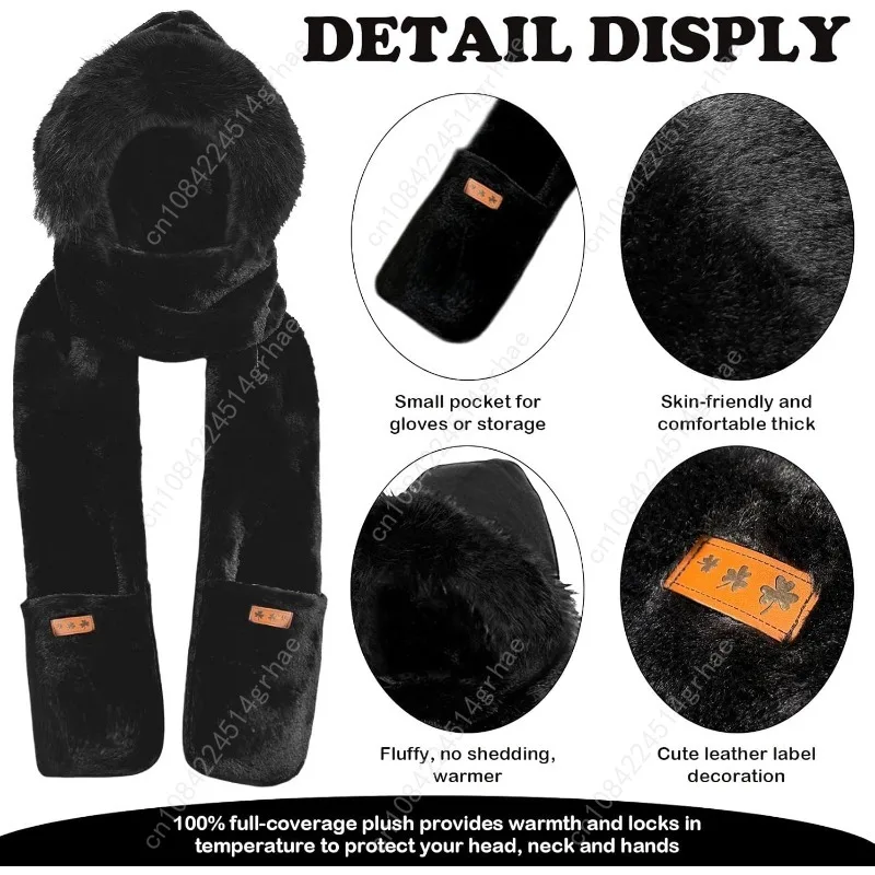 وشاح بغطاء للرأس للنساء للشتاء، وشاح قبعة الأذن 3 في 1 مجموعة قفازات من الفرو الصناعي قبعة دافئة سميكة وناعمة