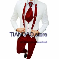 Jacquard Men's Suit 3 Piece White Wedding Groom Tuxedo Shawl Collar Formal Jacket Pants Vest Male Blazer veste costume homme