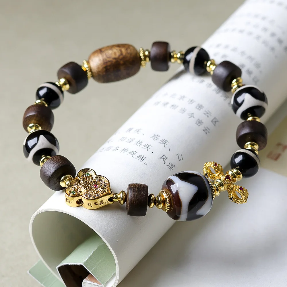 Albino Tiger Tooth Dzi Beads Bracelet with Fusen Red Soil Green Agarwood Original Chinese Style Handcrafted Wristband Gifts