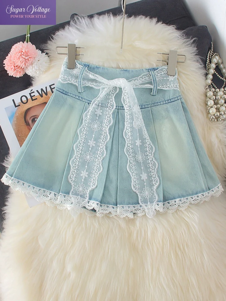 

Summer Elegant Fashion New High Waist Denim Skirt Wome Slim Lace Trim Lace Up Casual Short Skirts Bodycon A- Line Mini Skirt