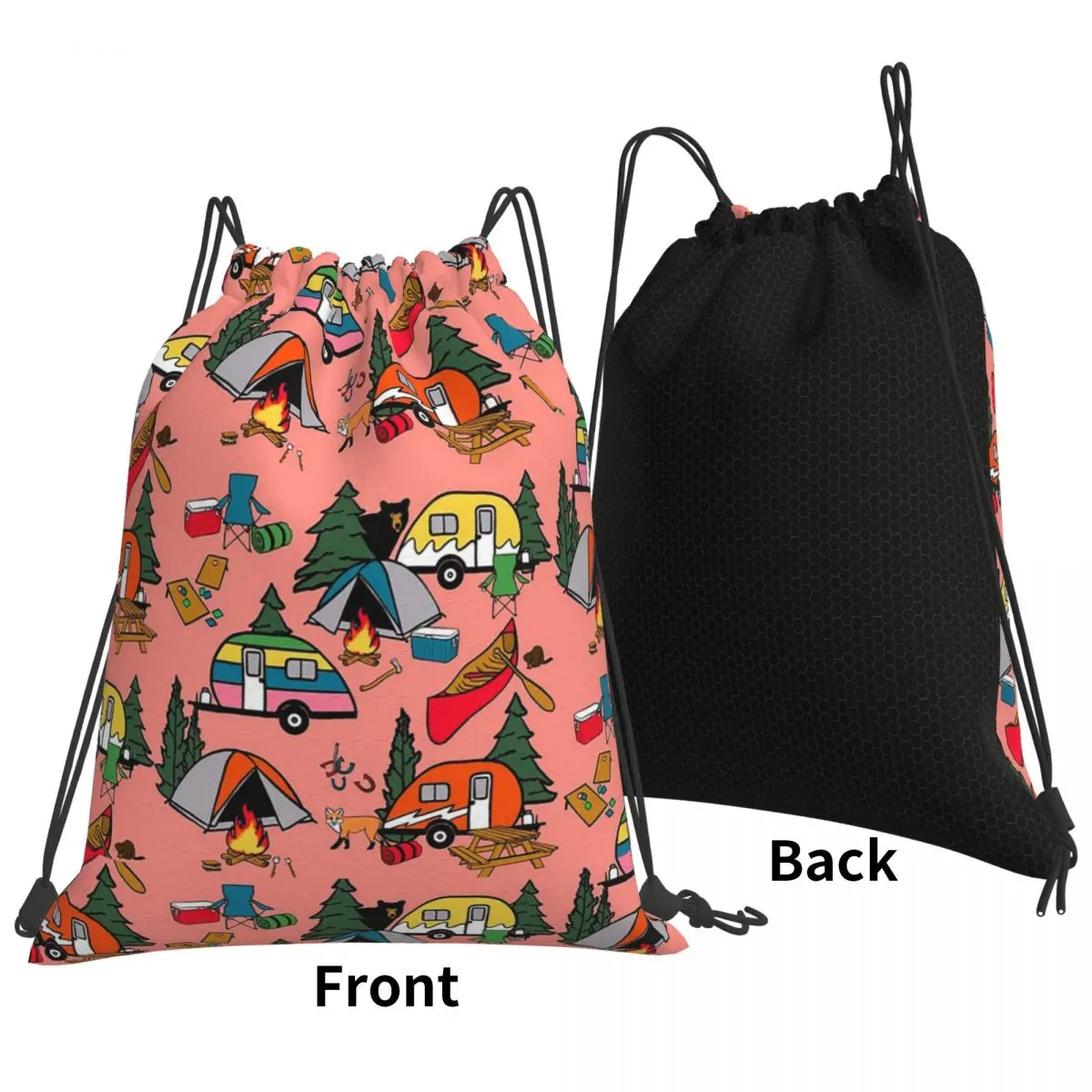キャンプライフオンサーモンピンクバックパックカジュアルポータ​​ブル巾着バンドルポケット収納袋ブックバッグ男性女性学校