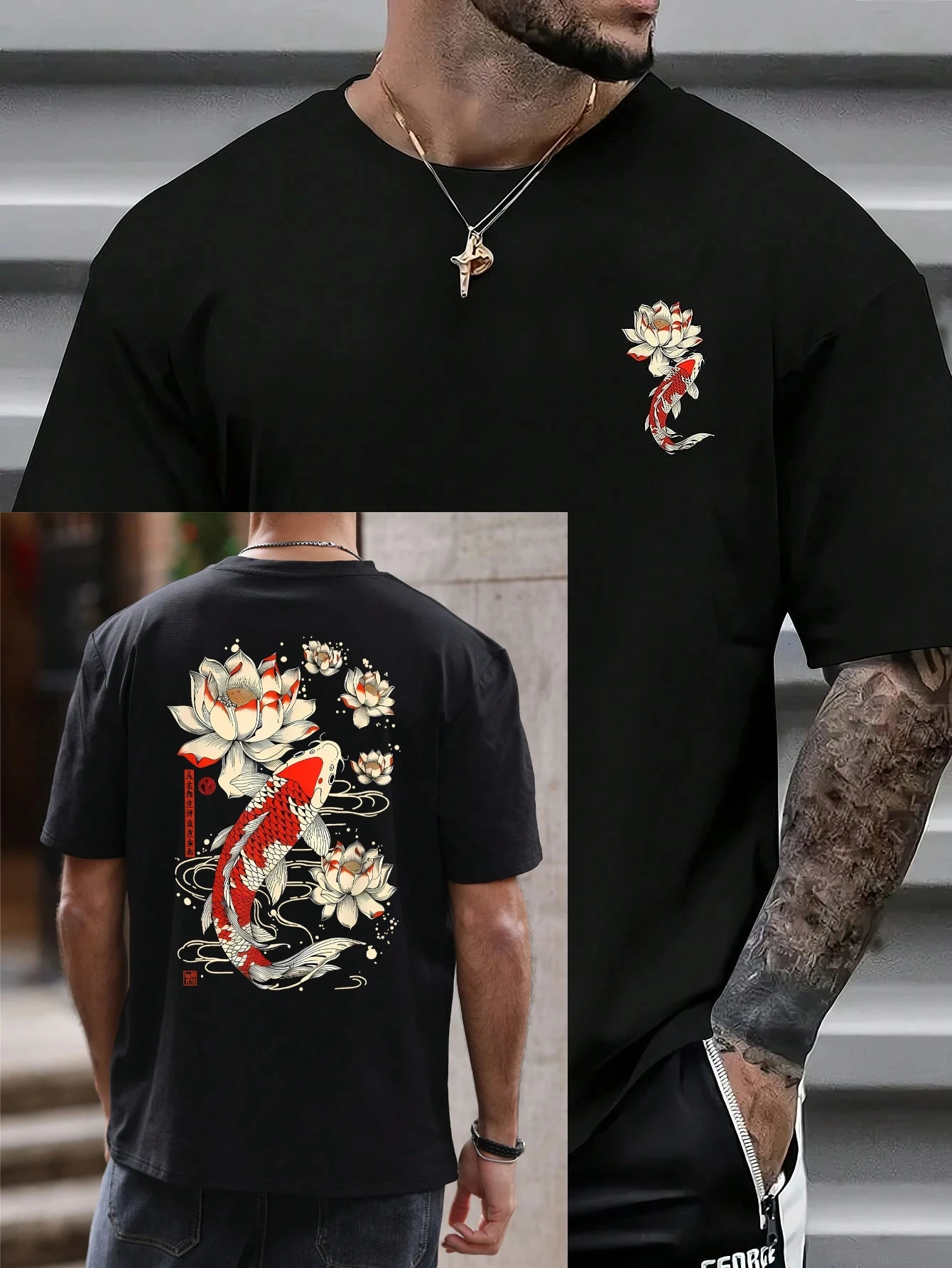 Japanese koi fish lotus men's T-shirt, ukiyo-e pattern printed T-shirt, casual and fashionable, oversized cotton top, streetwear