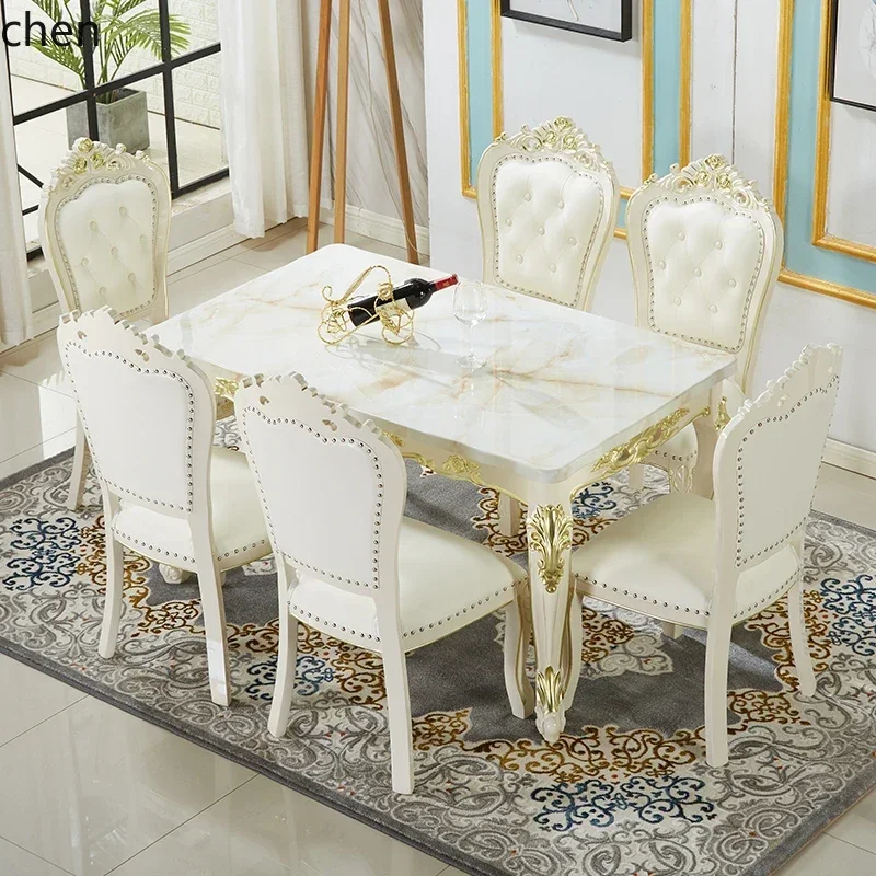 HXL طاولة طعام أوروبية وكرسي مجموعة غرفة المعيشة المنزل طاولة طعام رخامية من الخشب الصلب