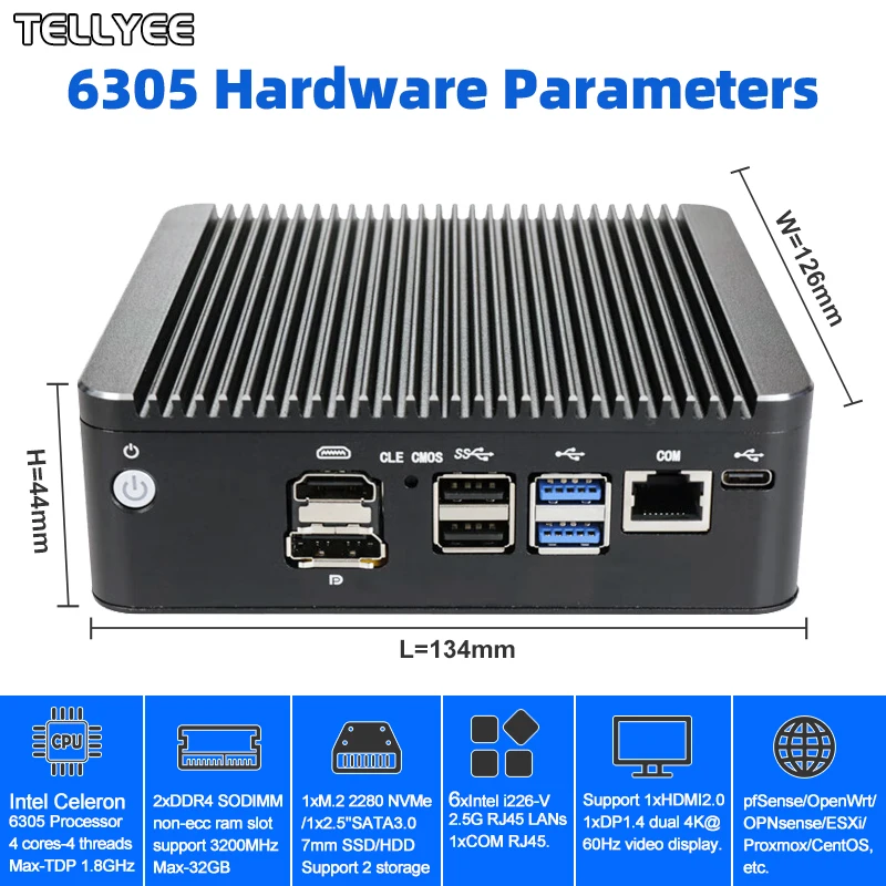 Nuovo router morbido Intel 6305 6 LAN I226-V 2.5G senza ventola Mini PC DDR4 2 * NVMe HD DP firewall OPNsense Mini PC