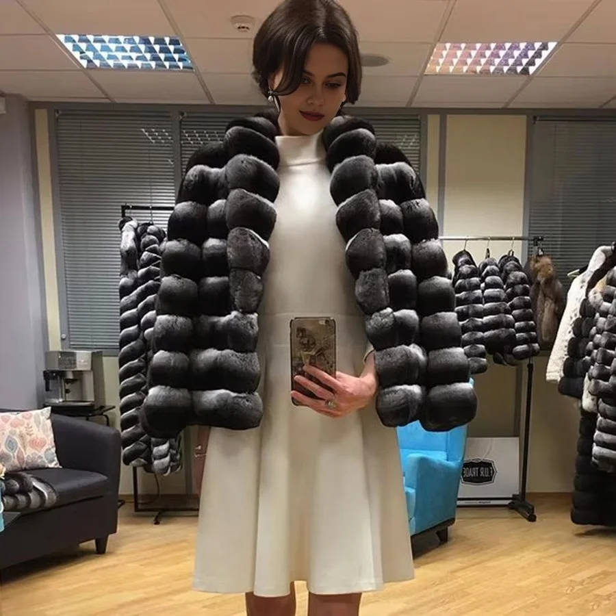 Chinchilla เสื้อขนสัตว์ผู้หญิง Real Rex กระต่ายขนสัตว์ฤดูหนาว WARM แฟชั่น Overcoat