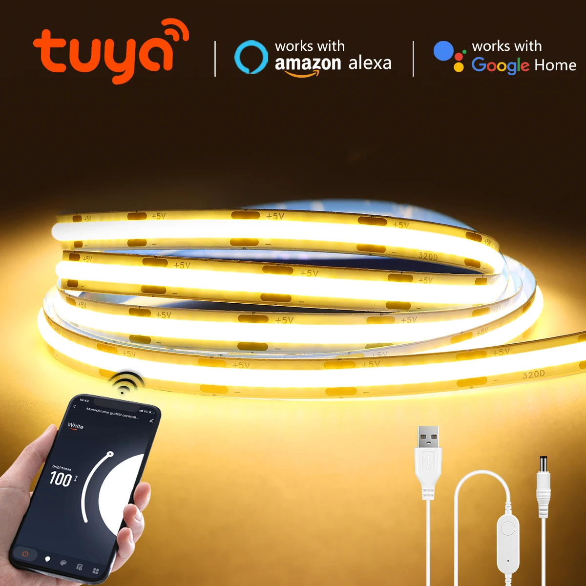 5V Tuya Smart Life COB LED Strip 320LEDs/M Ściemnialna taśma kontrolna ściemniacza WiFi Wstążka USB LED Lights Współpracuje z Alexa Google Home