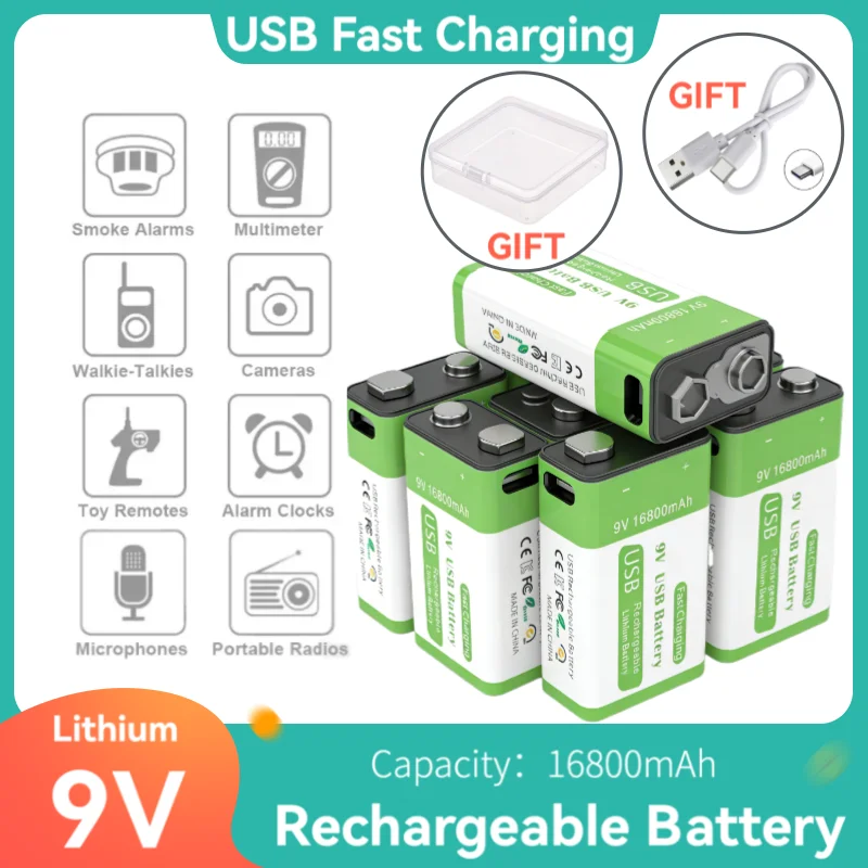 9V Rechargeable Battery 16800mAh Li-ion High Capacity Micro USB Charging Batteries for Multimeter Microphone Smoke Alarm Toy RC