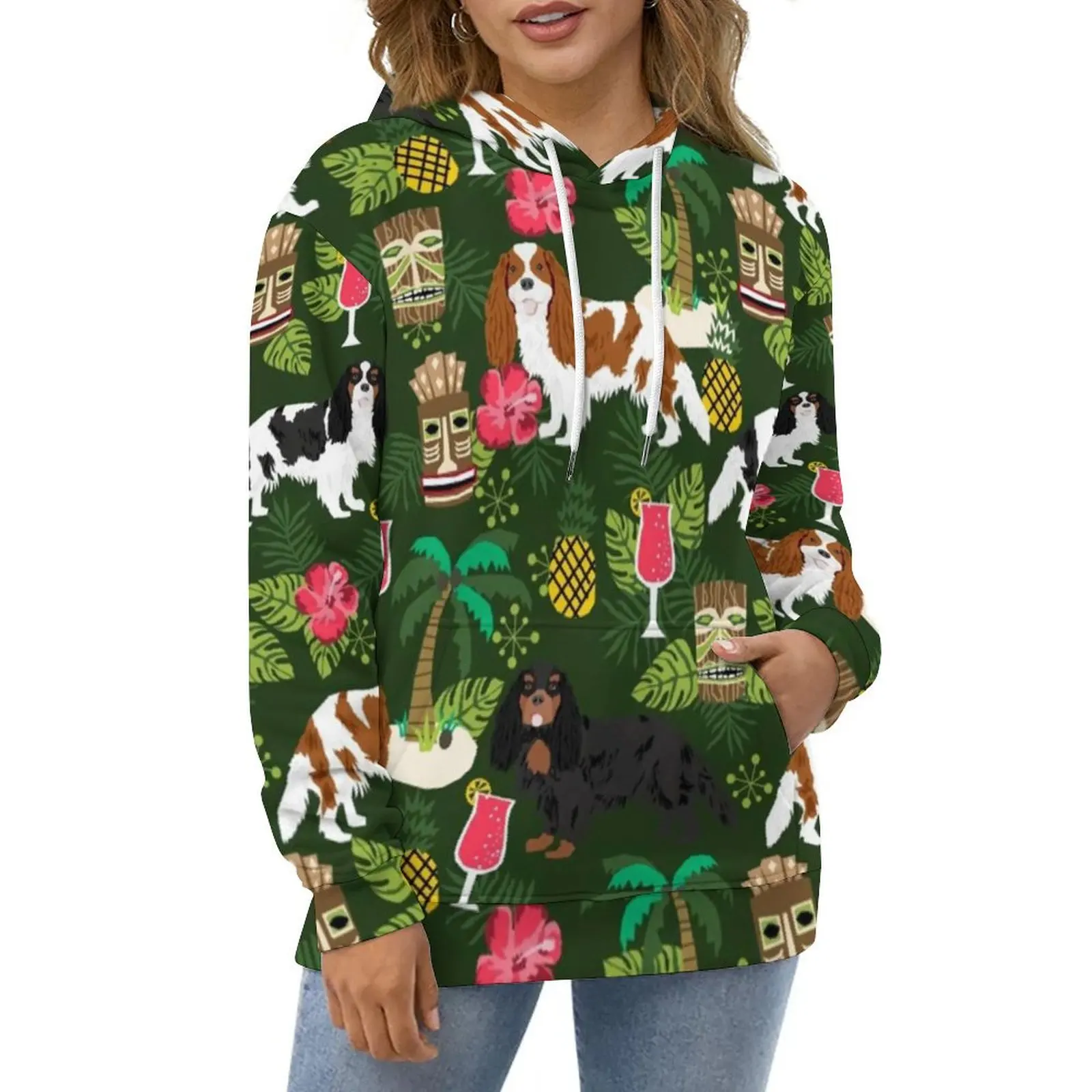 Tropical Island Vacation Hoodies Long Sleeve Spaniel Dog Hawaii Modern Casual Pullover Hoodie Classic Loose Hooded Sweatshirts