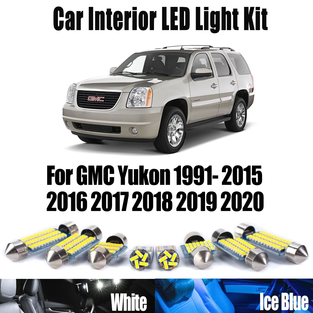 

Для GMC Yukon 1991-2017 2018 2019 2020 светодиодный комплект внутреннего освещения купольного номерного знака с картой, комплект освещения Canbus, автомобильные лампы для косметического зеркала для чтения