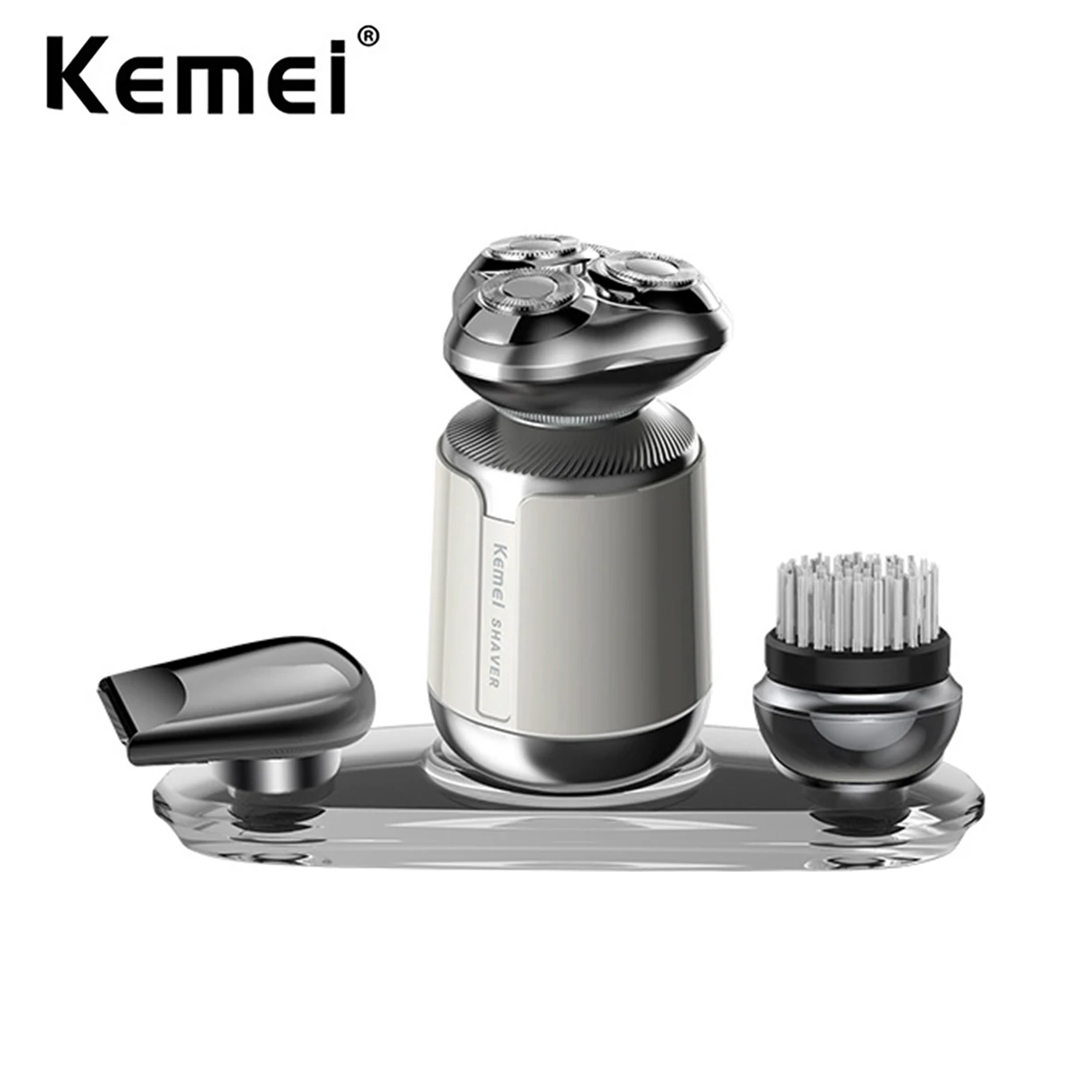 Kemei Rotary Mini Shaver elétrico para homens, lâmina lavável, barbeadores de cabeça calva, kit de higiene multifuncional, máquina de barbear