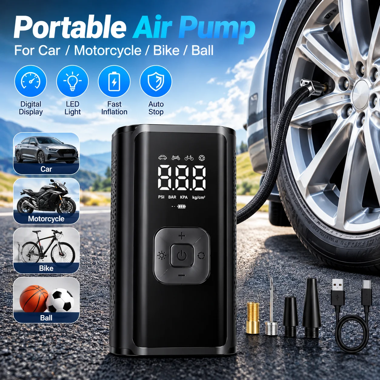 LEIBOO Compresor de Aire Portátil de 150 PSI, Inflador de Neumáticos Eléctrico, Bomba de Aire Inalámbrica, Manómetro Digital, para Coche, Bicicleta, Motocicleta y Balones