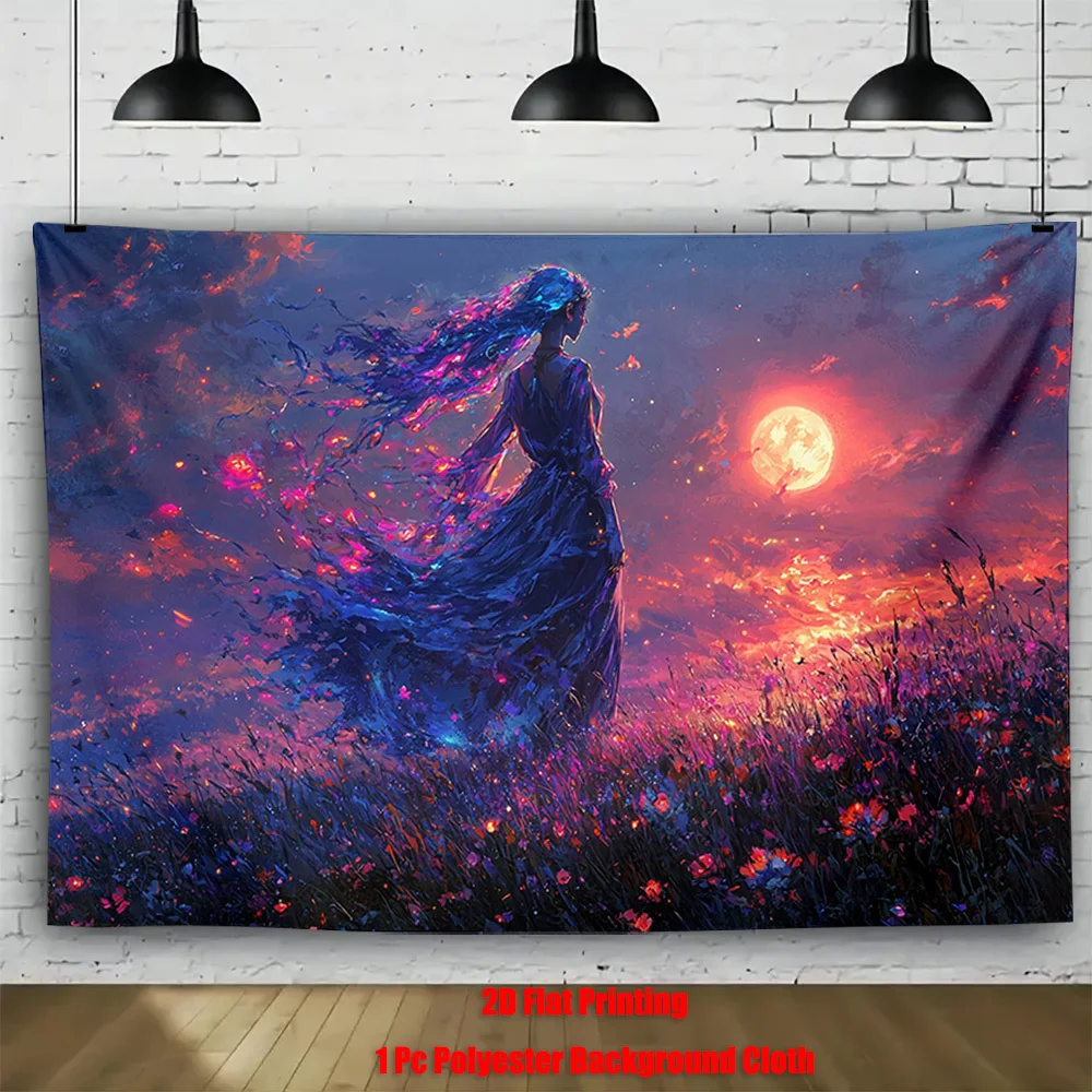 

1 шт. Очаровательный гобелен Moonlit Journey — настенный гобелен из полиэстера с плоским принтом 2D и яркими фиолетовыми и синими оттенками, мистическая женщина