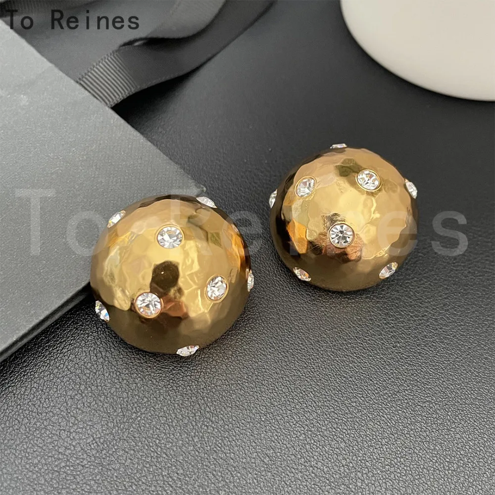 

To Reines European Style Punk Fashion Geometric Half Metal Big Ball Round Crystal Stud Earring For Women Girls Party Accessories