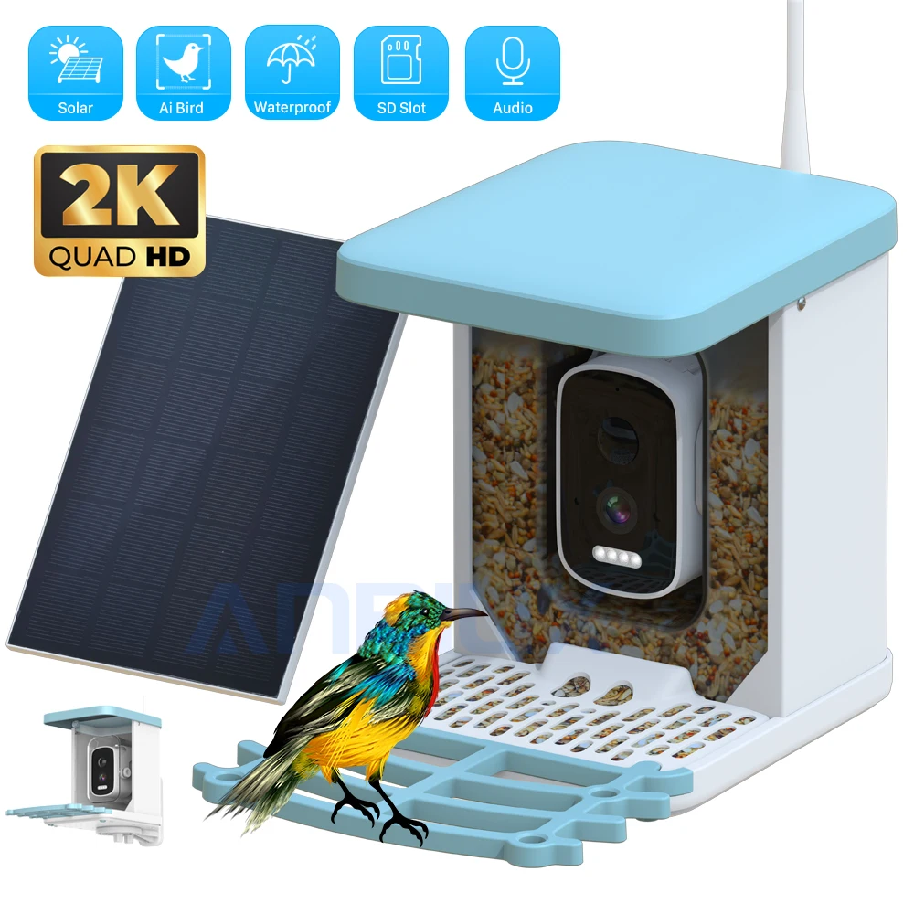 

4MP 2K Smart Bird Feeder Wireless Camera with Solar Panel 1080P Video AI Camera Auto Bird Video Capture & Instant Notification