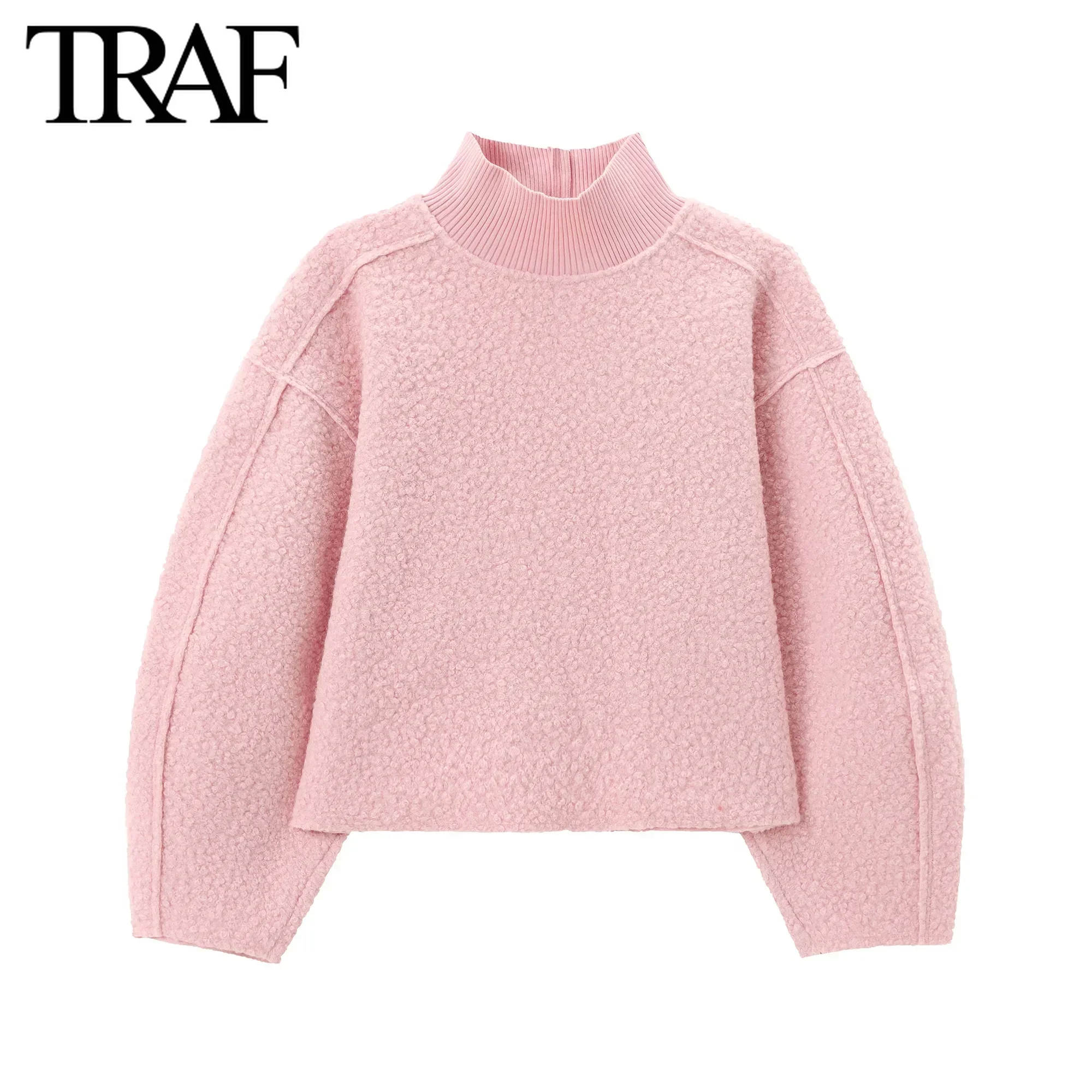 TRAF Women Fashion Autumn Winter 2024 New Loose Solid Color Long Sleeved Stand Collar Pullover Top Chic Female Sweatshirt