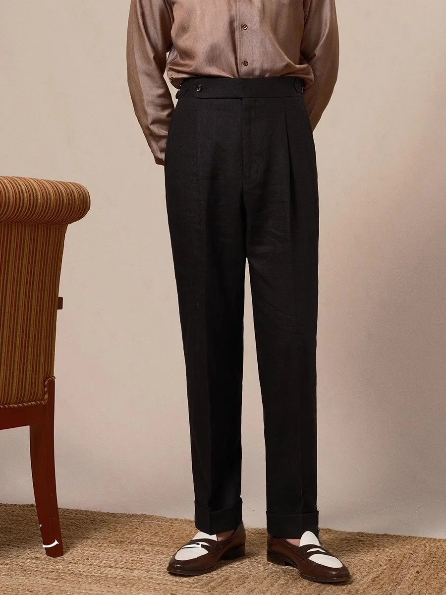 

CULTUM Naples Single Pleat High Waist Men's Linen Casual Pants Breathable Straight Leg Trousers Busin Gentleman Sle