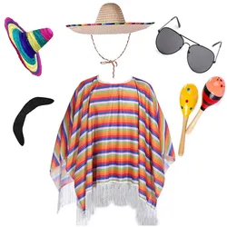 Mexican Cloak Halloween Costume Cosplay Kids Stripe Shawl Hat Party Supplies Adult Children Men Women Ethnic Folk Carnival Suit