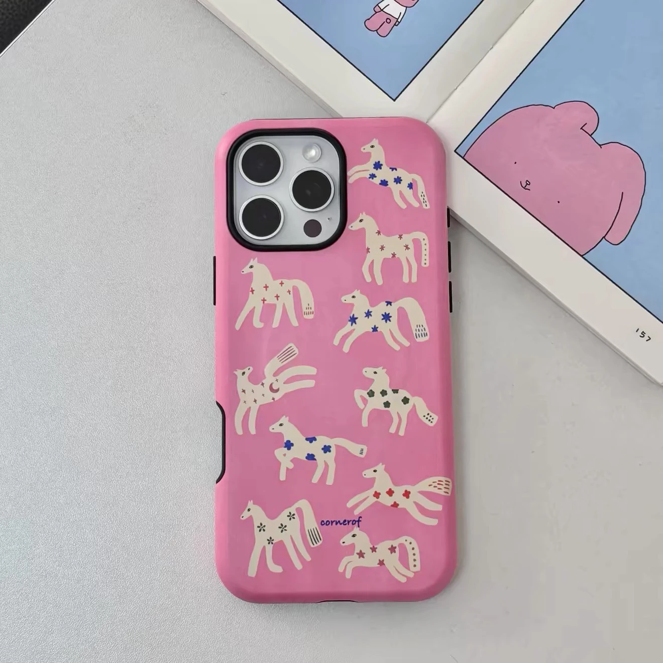 

Luxury pink pony pattern Phone Case for iPhone 16 15 14 13 12 11 Pro Max Plus Luxury Magnetic Double-layer Back Cover