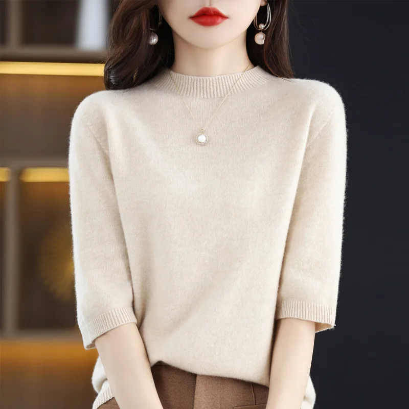 New half-turtleneck wool sweater women's pullover short-sleeved sweater women's short sleeves