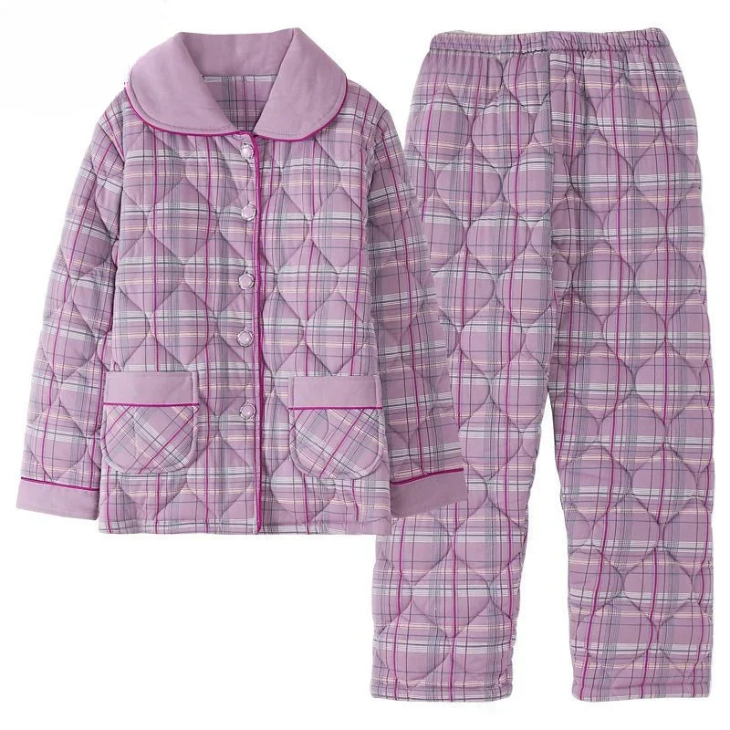 Pajamas Winter Long-sleeved Pure Cotton Three-layer Cotton-padded Elderly Can Wear Thickened Warm Large-size Loungewear Set