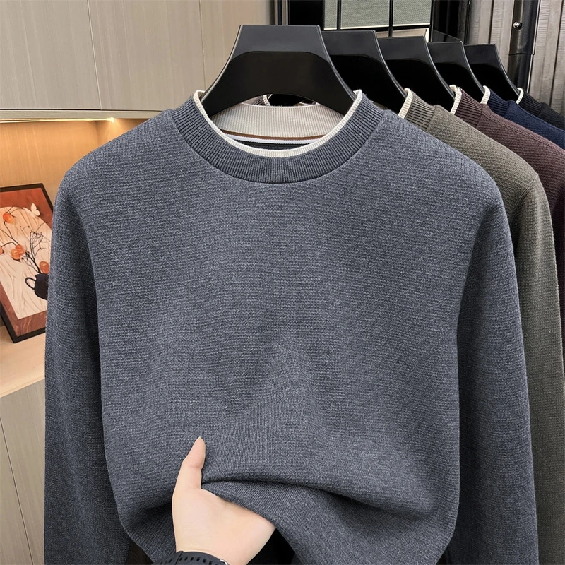 Herbst Neuer Herren Einfarbiger O-Ausschnitt Strickpullover Fake Zweiteiler Designer Weicher Langarm-Pullover Oberteil Lässige Herrenbekleidung – Detail 2