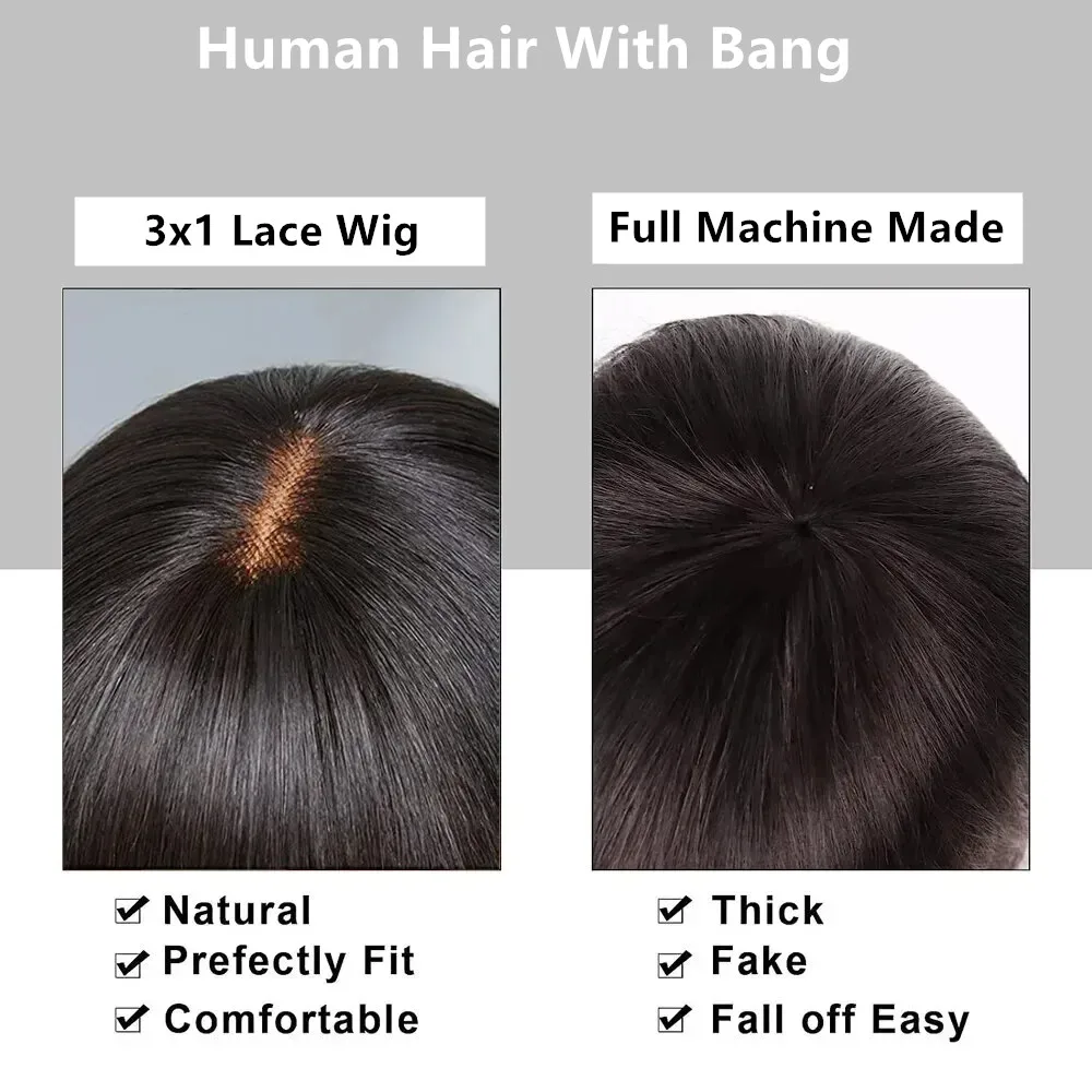 Perucas retas de cabelo humano com franja para mulheres negras, peruca da parte média do laço, peruca Glueless Bob, 100% cabelo humano, HD 3x1