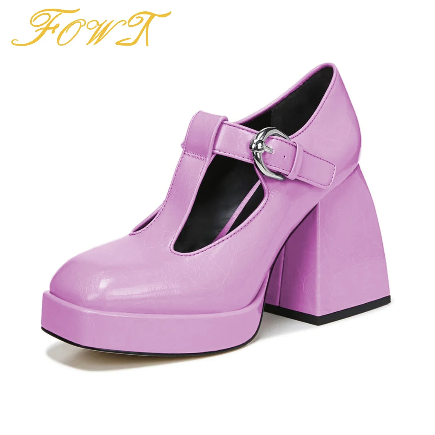 

Pink High Chunky Heels Mary Janes Buckle Women's Pumps Platform Square Toe Ladies Mature T-Strap Shoes Large Size 40 41 FOWT