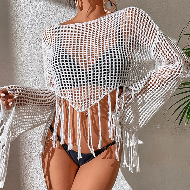 

Sexy Swimsuit Beach Wear Cover-Up Transparent Hollow Out Tops Women Flared Long Sleeve Tassel Crop Tops Beach Cover Up Bikinis