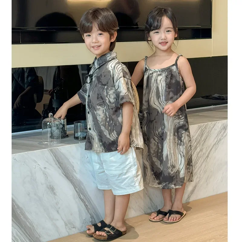 Summer Brother and SisterGirl Sling Dress Kids Boys 2 Pieces Outfit Set Matching Vacation Clothing Children Twin Clothes Baby