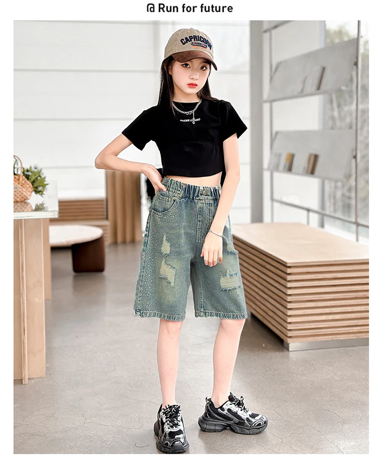 Slim Fit Kinder-Jeansshorts mit Löchern für Teenager-Mädchen, Lässige Sommer-Destroyed-Shorts, Coole Streetwear-Hosen für Kinder – Detail 9