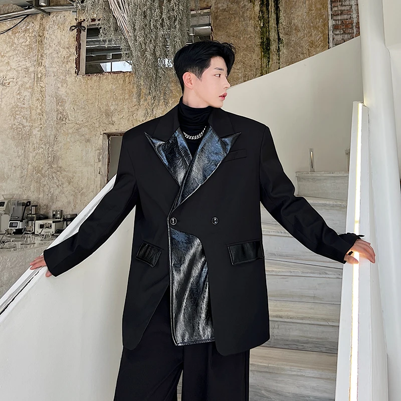 

Asymmetric Splicing PU Leather Suit Jaet Loose oulder Pad Design for Men And Women k Sle Deconstructed Outerwear