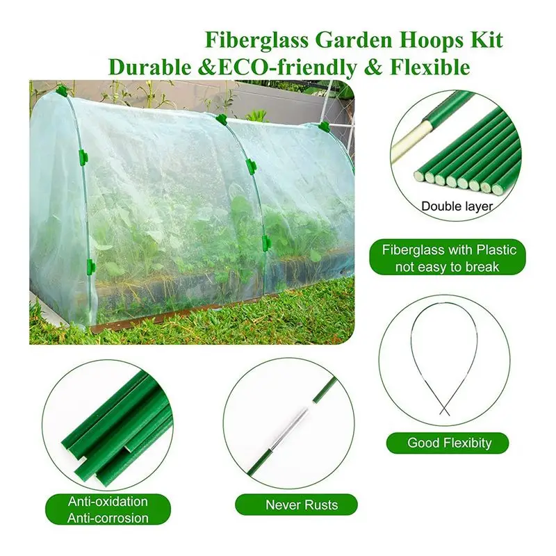 PZHI DIY Garden Hoops for Grow Tunnel Trellis 6 Sets of 8FT Long Greenhouse Hoops Rust-Free Fiberglass Support Hoops Frame Green