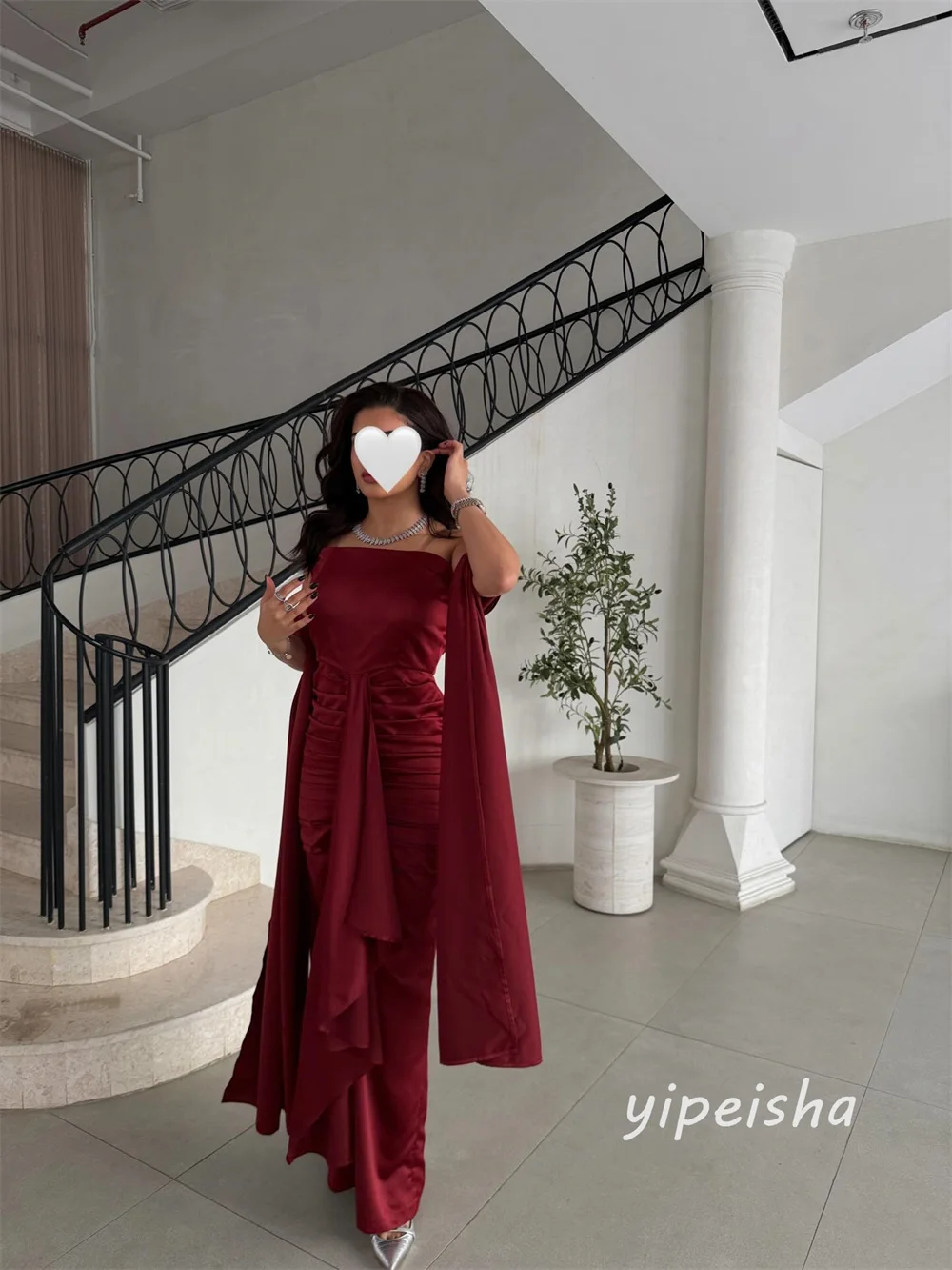 Customized Burgundy Pleat Ruched Draped Shawl Straight Strapless Long Dresses Evening Dresses Sizes Available High Quality