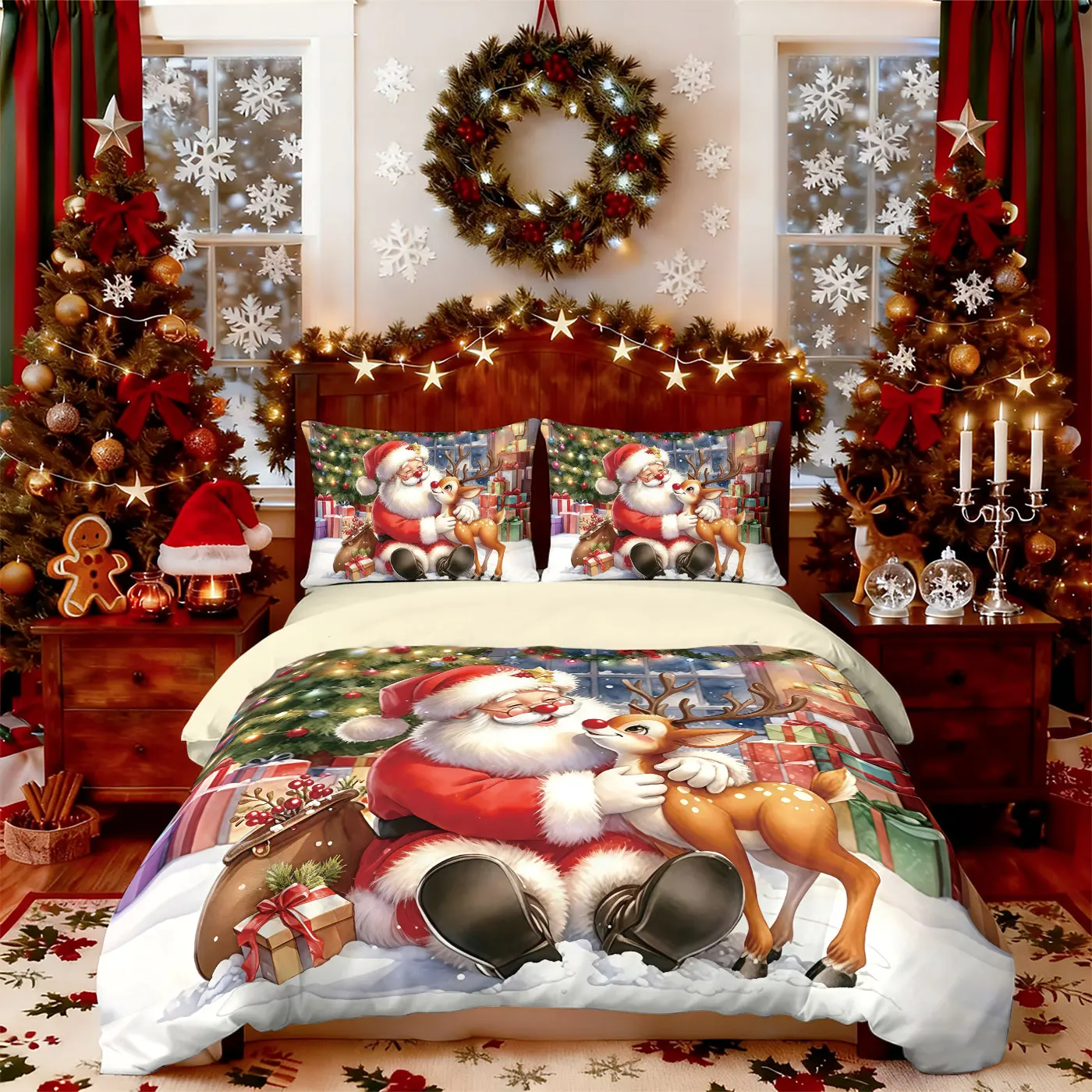 3pcs Cartoon Santa Claus Gift Printed Chipless Bedding Set Soft Dormitory Bedroom Multiple Sizes Machine Washable