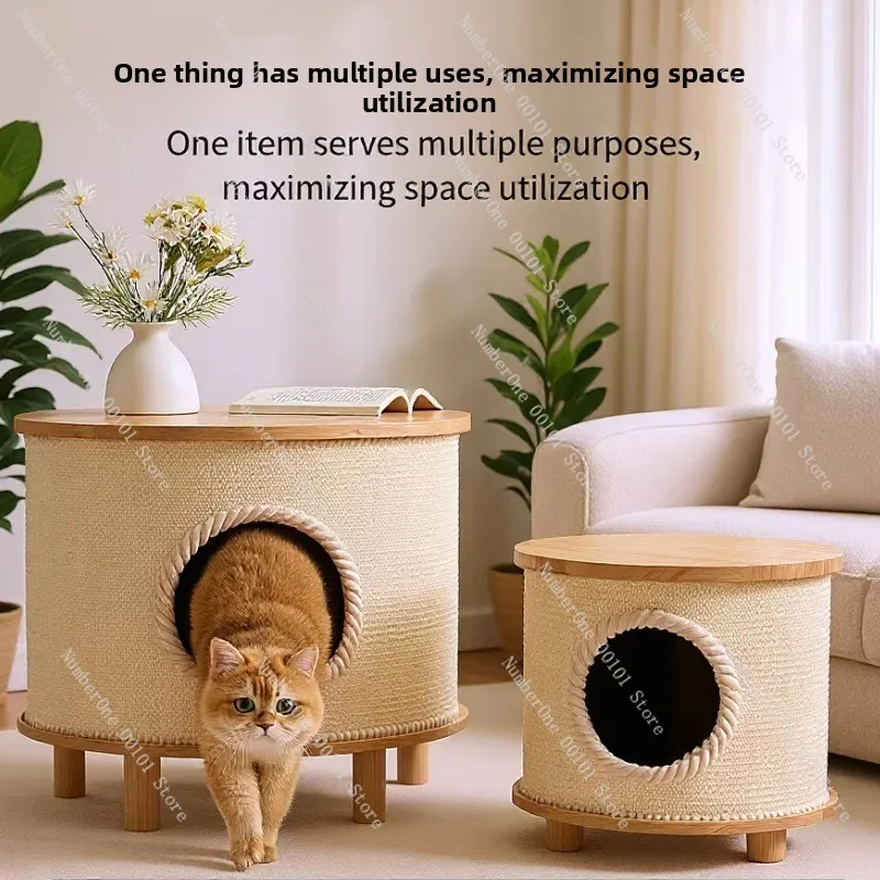 Solid Wood Cat House Table, Sisal Scratching Mat Side Nightstand for Home Human Pet Shared Use