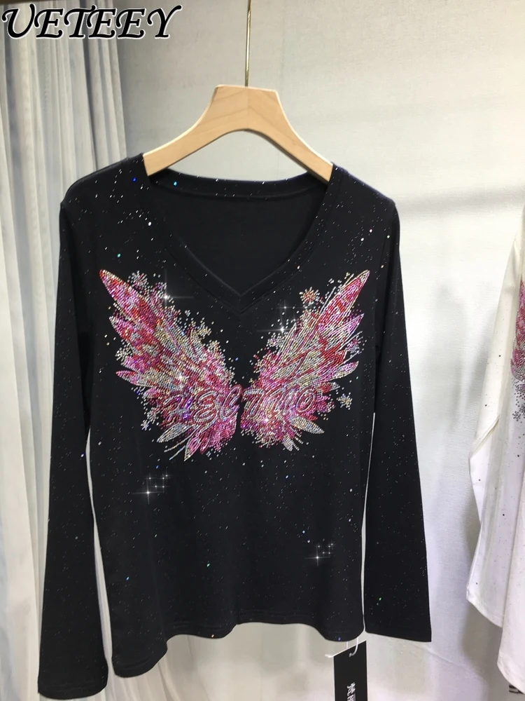 

European Heavy Industry Rhinestone Base Shirt for Women Slimming Butterfly Print V-Neck Slim Fit Versatile Long Sleeve T-Shirt