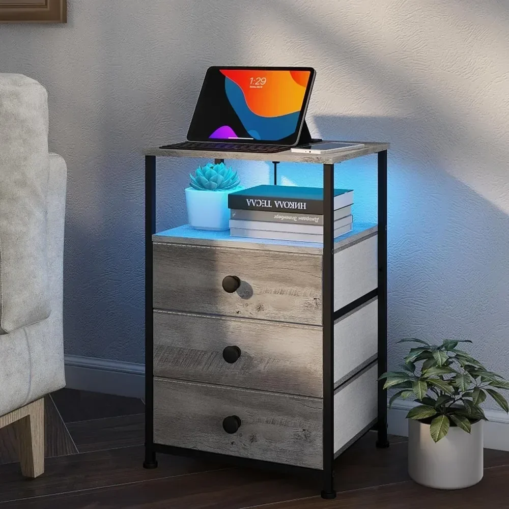 

Nightstand with Charging Station USB Outlet and LED Light End Table Dresser with 3 Fabric Drawers and Storage Shelf