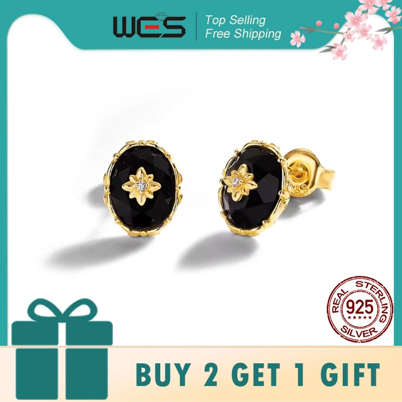 

WES 925 Sterling Silver Vintage Natural Black Agate 6*8mm Stud Earrings for Woman Gemstone Wedding Certified Jewelry Wholesale