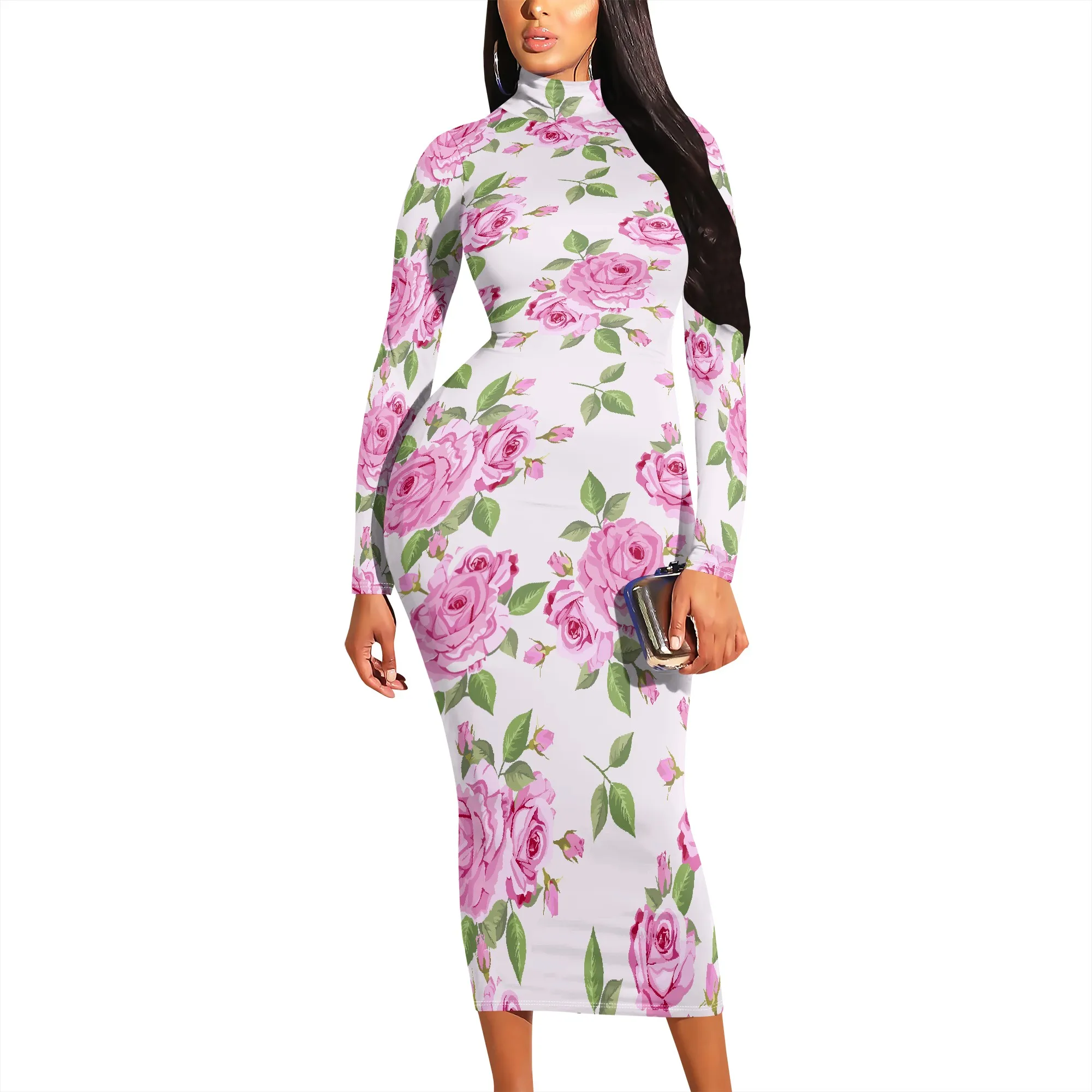 Robe mi-longue à imprimé rose rose, manches longues, style romantique pour la Saint-Valentin ou Brunch