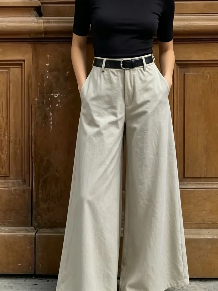 Wide Leg Pants Women High Waist Loose Trousers With Pockets Elegant Draped Fabric Straight Long Pants Office Work Casual Daily